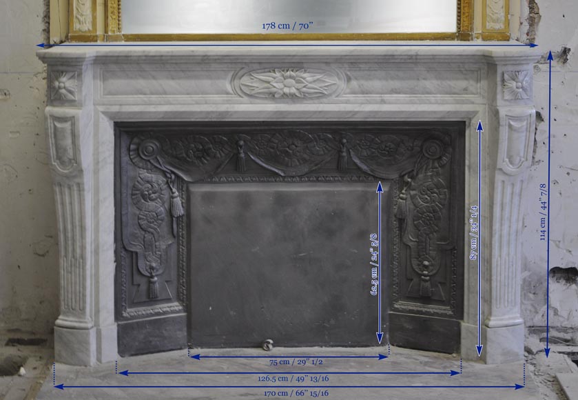 Large Louis XVI style fireplace in white Carrara marble with its cast iron insert and its overmantel mirror Large Louis XVI style fireplace in white Carrara marble with its cast iron insert and its overmantel mirror-17