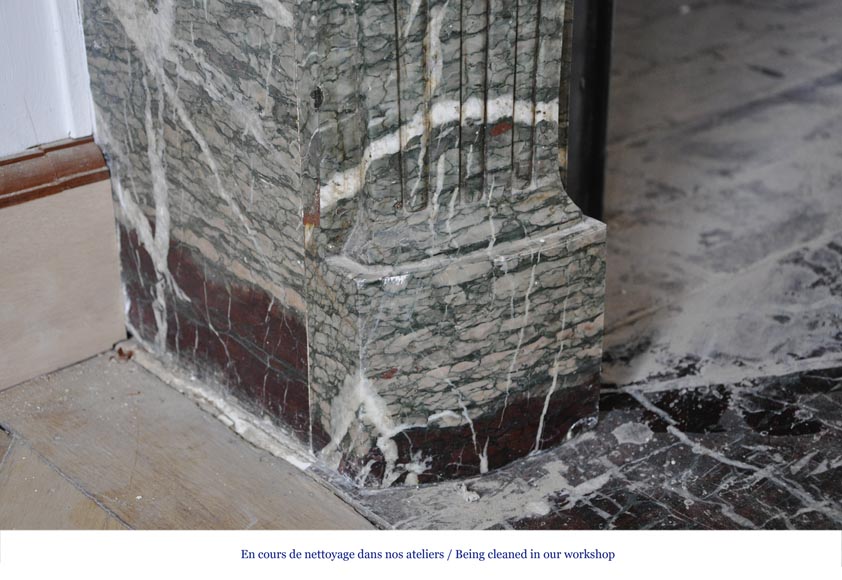 Beautiful antique Regence style fireplace in Campan Grand Melange marble, 19th c. Beautiful antique Regence style fireplace in Campan Grand Melange marble, 19th c.-7