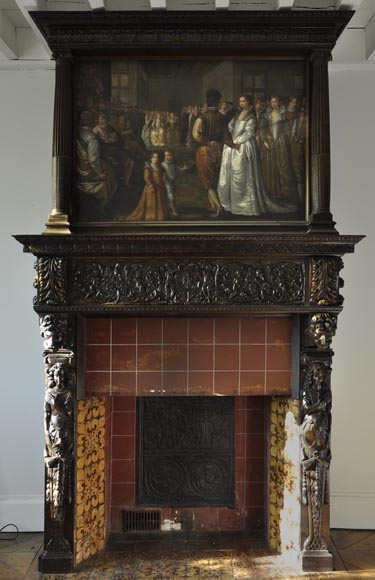 Important antique carved walnut fireplace with painting from the 17th century after Giovanni Andrea CASELLA Important antique carved walnut fireplace with painting from the 17th century after Giovanni Andrea CASELLA-0