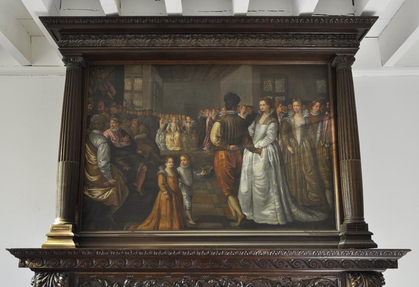 Important antique carved walnut fireplace with painting from the 17th century after Giovanni Andrea CASELLA Important antique carved walnut fireplace with painting from the 17th century after Giovanni Andrea CASELLA-1