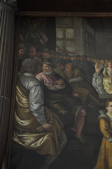 Important antique carved walnut fireplace with painting from the 17th century after Giovanni Andrea CASELLA Important antique carved walnut fireplace with painting from the 17th century after Giovanni Andrea CASELLA-2