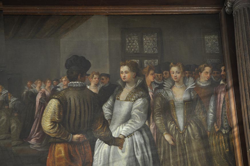 Important antique carved walnut fireplace with painting from the 17th century after Giovanni Andrea CASELLA Important antique carved walnut fireplace with painting from the 17th century after Giovanni Andrea CASELLA-3