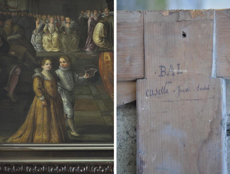 Important antique carved walnut fireplace with painting from the 17th century after Giovanni Andrea CASELLA Important antique carved walnut fireplace with painting from the 17th century after Giovanni Andrea CASELLA-4