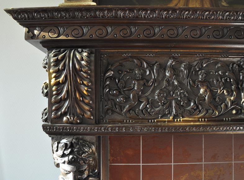 Important antique carved walnut fireplace with painting from the 17th century after Giovanni Andrea CASELLA Important antique carved walnut fireplace with painting from the 17th century after Giovanni Andrea CASELLA-7