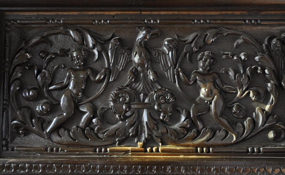 Important antique carved walnut fireplace with painting from the 17th century after Giovanni Andrea CASELLA Important antique carved walnut fireplace with painting from the 17th century after Giovanni Andrea CASELLA-8
