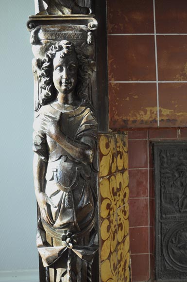 Important antique carved walnut fireplace with painting from the 17th century after Giovanni Andrea CASELLA Important antique carved walnut fireplace with painting from the 17th century after Giovanni Andrea CASELLA-10