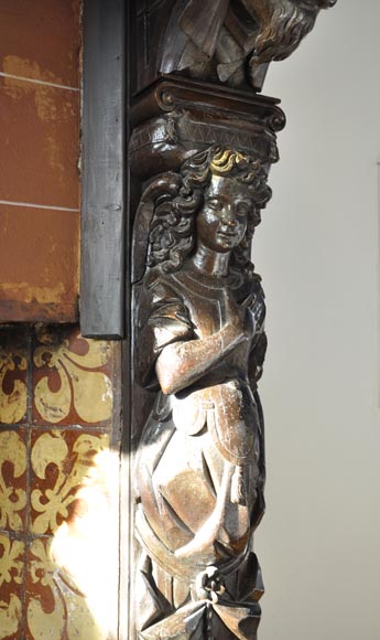 Important antique carved walnut fireplace with painting from the 17th century after Giovanni Andrea CASELLA Important antique carved walnut fireplace with painting from the 17th century after Giovanni Andrea CASELLA-14