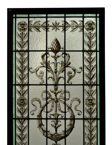 Pair of antique stained glass windows with Neo-Renaissance style decor, late 19th c. Pair of antique stained glass windows with Neo-Renaissance style decor, late 19th c.-1