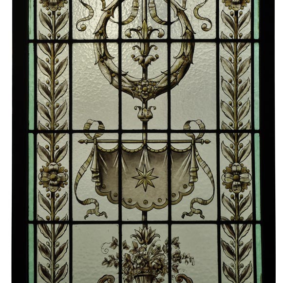 Pair of antique stained glass windows with Neo-Renaissance style decor, late 19th c. Pair of antique stained glass windows with Neo-Renaissance style decor, late 19th c.-2