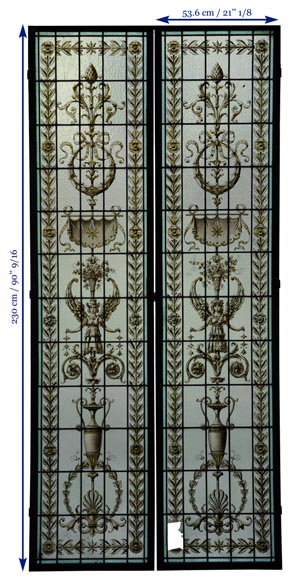 Pair of antique stained glass windows with Neo-Renaissance style decor, late 19th c. Pair of antique stained glass windows with Neo-Renaissance style decor, late 19th c.-7
