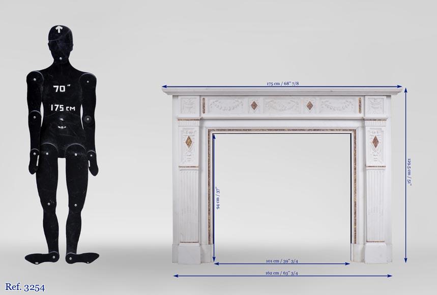 Very beautiful Victorian style antique fireplace in Carrara Statuary marble and Violet Brocatelle marble, from late 19th century, with flutings, garlands and diamonds. Very beautiful Victorian style antique fireplace in Carrara Statuary marble and Violet Brocatelle marble, from late 19th century, with flutings, garlands and diamonds.-14