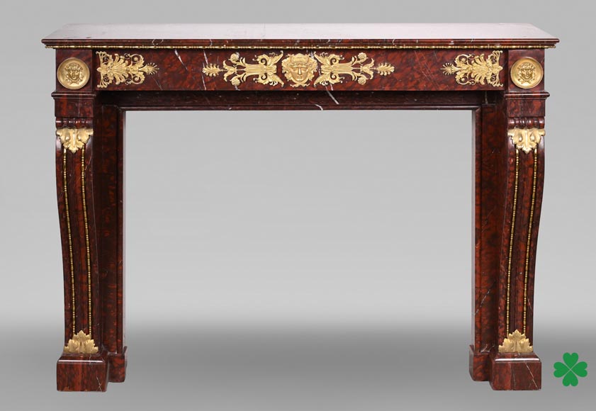 Empire Fireplace in Griotte Red Marble with Gilt Bronze-0