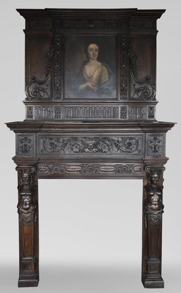 Antique Neo-Renaissance fireplace in oak with a portrait of woman Antique Neo-Renaissance fireplace in oak with a portrait of woman-0
