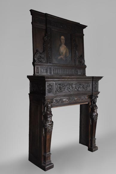 Antique Neo-Renaissance fireplace in oak with a portrait of woman Antique Neo-Renaissance fireplace in oak with a portrait of woman-5