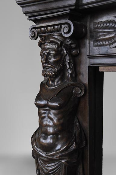 Antique Neo-Renaissance fireplace in oak with a portrait of woman Antique Neo-Renaissance fireplace in oak with a portrait of woman-7