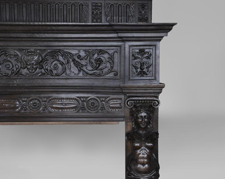 Antique Neo-Renaissance fireplace in oak with a portrait of woman Antique Neo-Renaissance fireplace in oak with a portrait of woman-8