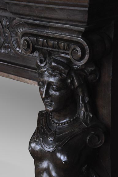 Antique Neo-Renaissance fireplace in oak with a portrait of woman Antique Neo-Renaissance fireplace in oak with a portrait of woman-9