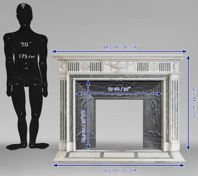 Beautiful Victorian style antique fireplace in Carrara Statuary marble and inlays of Vert d'Estours marble with vases and bowl Beautiful Victorian style antique fireplace in Carrara Statuary marble and inlays of Vert d'Estours marble with vases and bowl-12