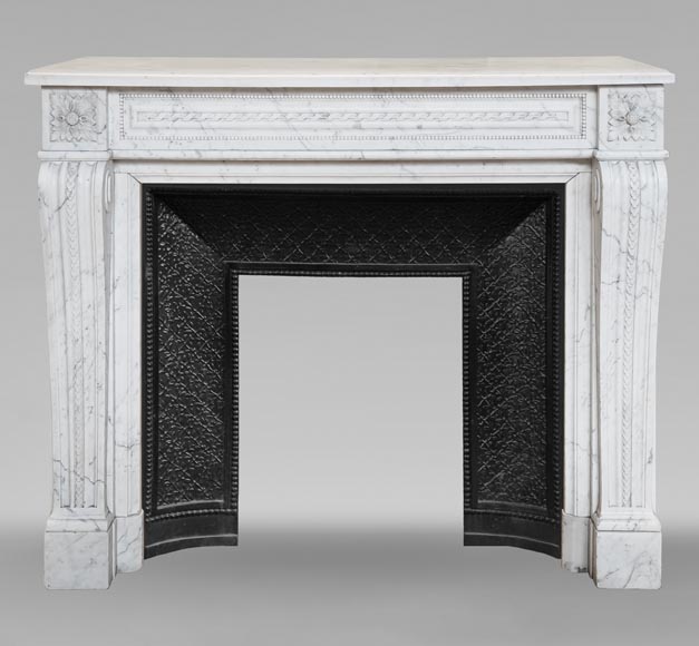 Louis XVI style mantel in veined Carrara marble with pearl entablature Louis XVI style mantel in veined Carrara marble with pearl entablature-0