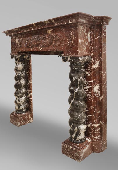 Antique Napoleon III style fireplace with salomonic columns made of Red Marble and Black Marquina Marble Antique Napoleon III style fireplace with salomonic columns made of Red Marble and Black Marquina Marble-8