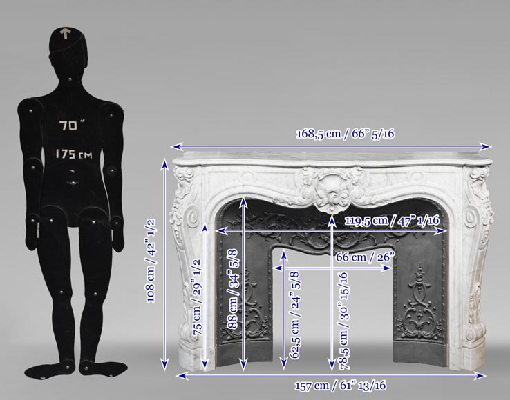 Louis XV style fireplace in Carrara marble, richly decorated with shells and flowers Louis XV style fireplace in Carrara marble, richly decorated with shells and flowers-18