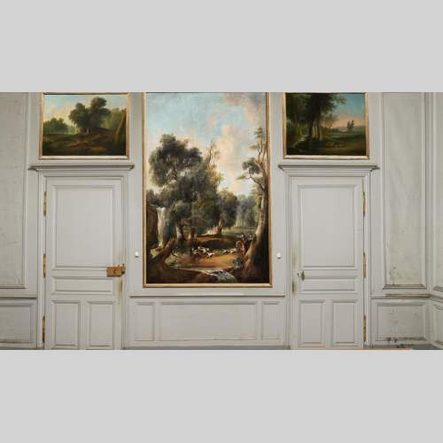 Oak panelling painted with ten pictures of hunting scenes by A. Chaintieuil in a house in central France, 1827