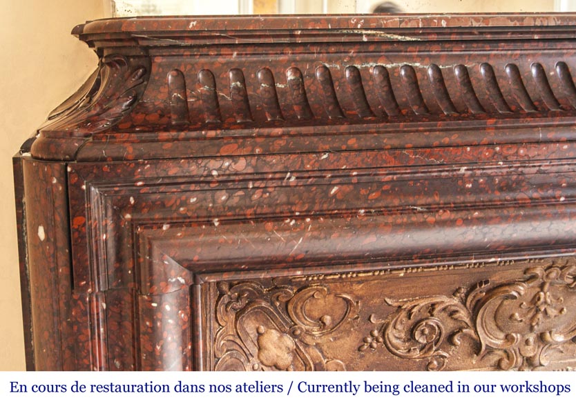 An antique Louis XIV style fireplace, with acroterion and Bollection, made out of Rouge Griotte marble An antique Louis XIV style fireplace, with acroterion and Bollection, made out of Rouge Griotte marble-3