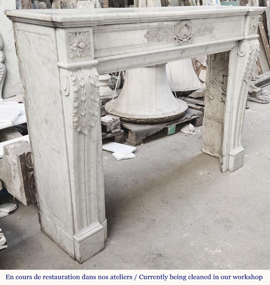 Louis XVI style fireplace decorated with a laurel wreath, in Carrara marble-3