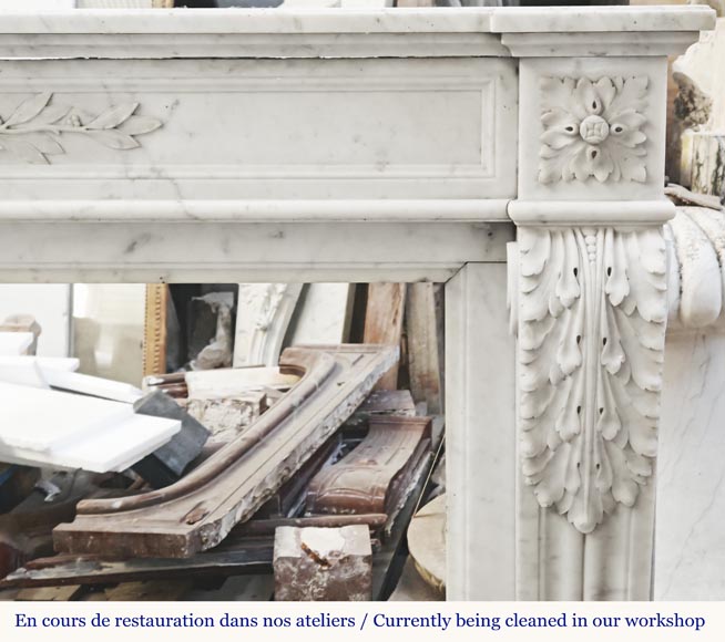 Louis XVI style fireplace decorated with a laurel wreath, in Carrara marble-7