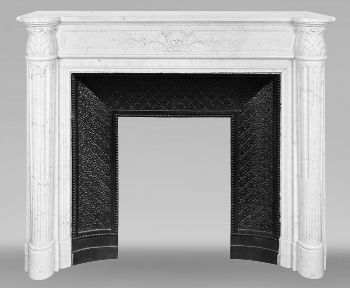 Louis XVI style fireplace in Carrara marble, with a half-column and laurel wreath Louis XVI style fireplace in Carrara marble, with a half-column and laurel wreath-0
