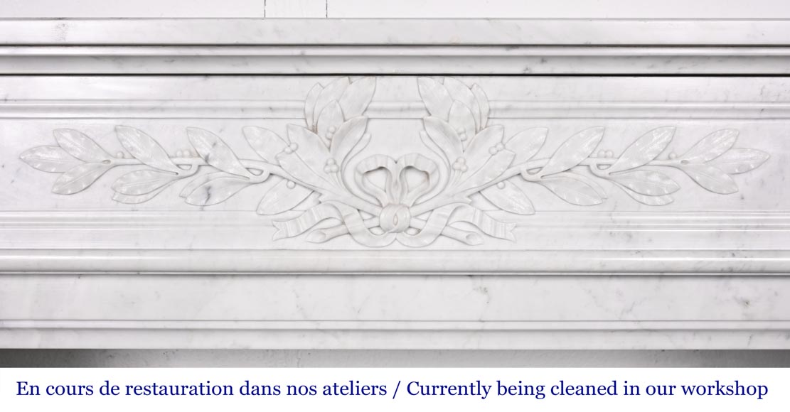 Louis XVI style fireplace in Carrara marble, with a half-column and laurel wreath Louis XVI style fireplace in Carrara marble, with a half-column and laurel wreath-1