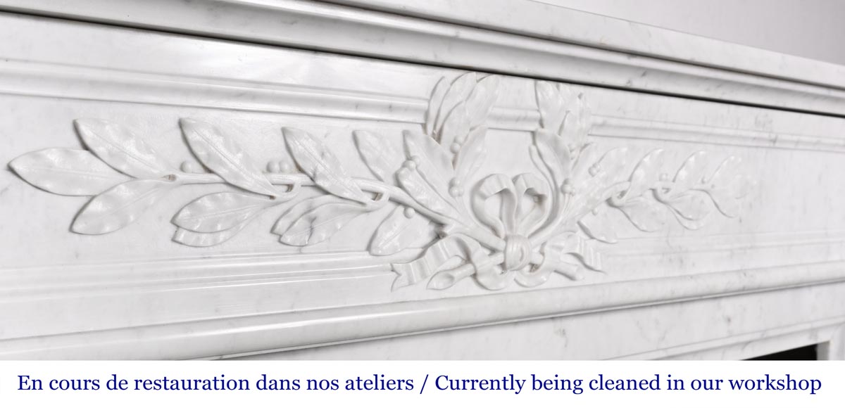 Louis XVI style fireplace in Carrara marble, with a half-column and laurel wreath Louis XVI style fireplace in Carrara marble, with a half-column and laurel wreath-2