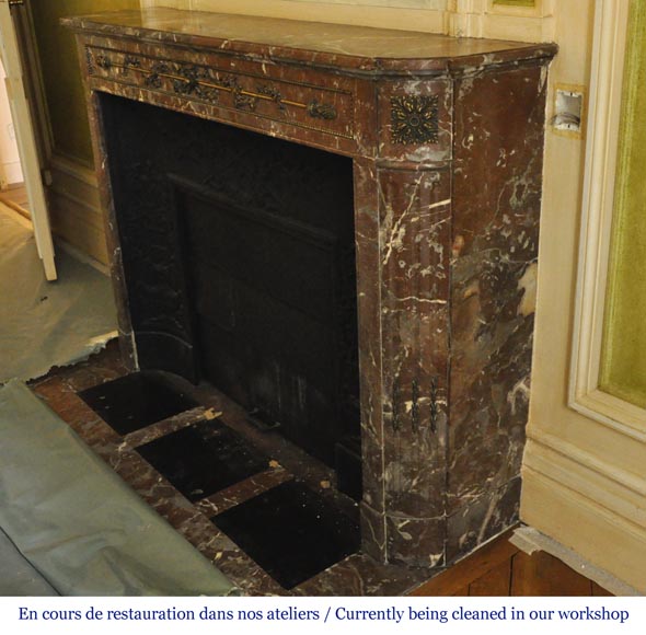 Antique Louis XVI style fireplace with round corners in Red from the North marble and gilded bronze ornaments Antique Louis XVI style fireplace with round corners in Red from the North marble and gilded bronze ornaments-6