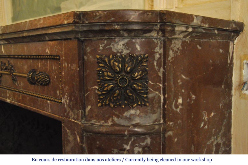 Antique Louis XVI style fireplace with round corners in Red from the North marble and gilded bronze ornaments Antique Louis XVI style fireplace with round corners in Red from the North marble and gilded bronze ornaments-7