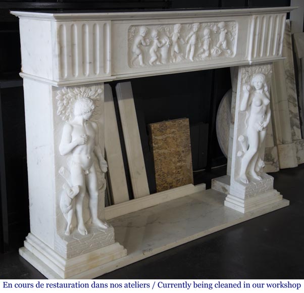 Carrara marble fireplace with Adam and Eve decoration Carrara marble fireplace with Adam and Eve decoration-4