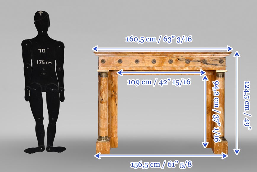 Empire style fireplace in Sienna yellow marble with columns and gilt bronze rosettes Empire style fireplace in Sienna yellow marble with columns and gilt bronze rosettes-12
