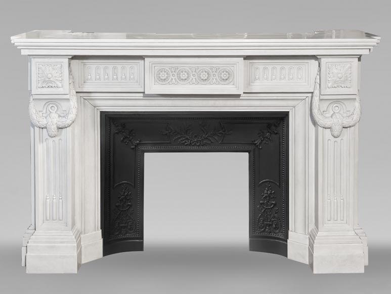 Large Louis XVI style Carrara marble fireplace, featuring fluting and garland ornamentation-0