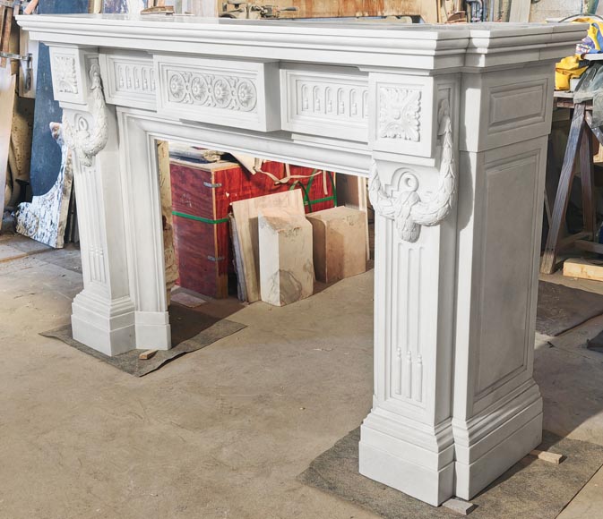 Large Louis XVI style Carrara marble fireplace, featuring fluting and garland ornamentation-8