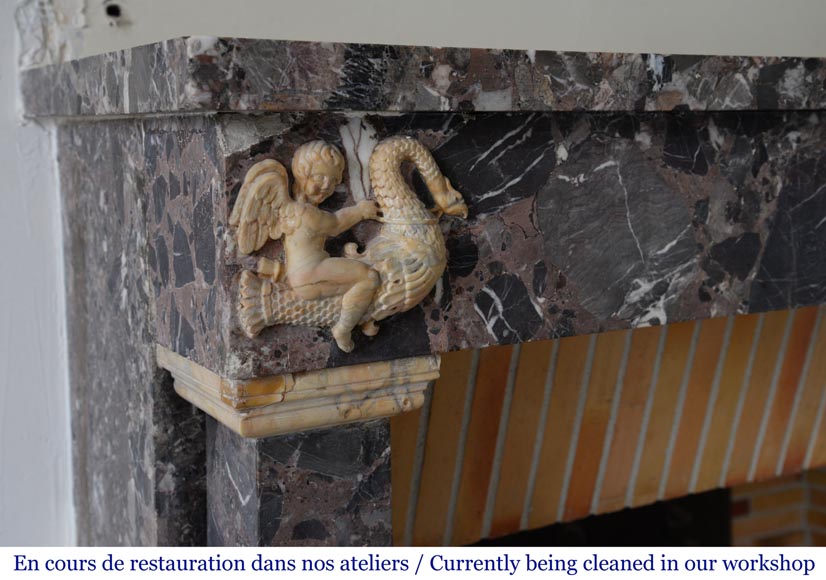 Antique Empire style mantel in Breche de Waulsort and alabaster decors Antique Empire style mantel in Breche de Waulsort and alabaster decors-3