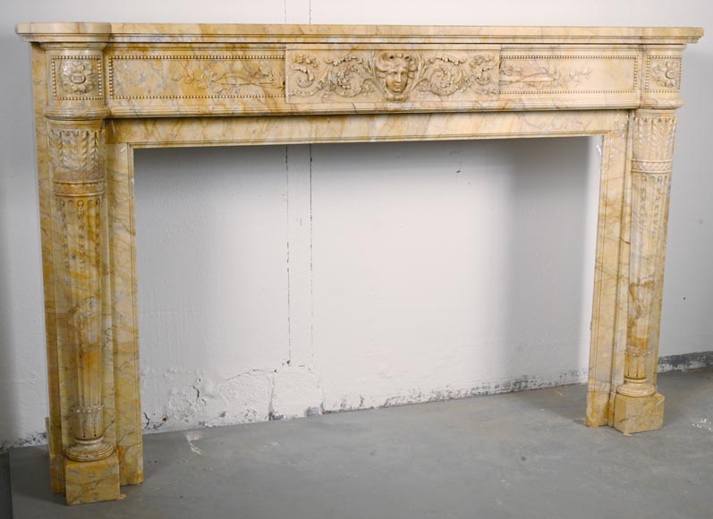 Large Louis XVI style mantel in yellow Sienna marble with entablature adorned with the head of Apollo and arrow heads on the jambs Large Louis XVI style mantel in yellow Sienna marble with entablature adorned with the head of Apollo and arrow heads on the jambs-5