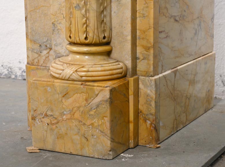 Large Louis XVI style mantel in yellow Sienna marble with entablature adorned with the head of Apollo and arrow heads on the jambs Large Louis XVI style mantel in yellow Sienna marble with entablature adorned with the head of Apollo and arrow heads on the jambs-12