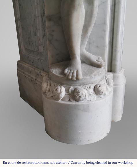 Rich and original Napoleon III fireplace in Carrara marble with caryatids and a man's profile Rich and original Napoleon III fireplace in Carrara marble with caryatids and a man's profile-8