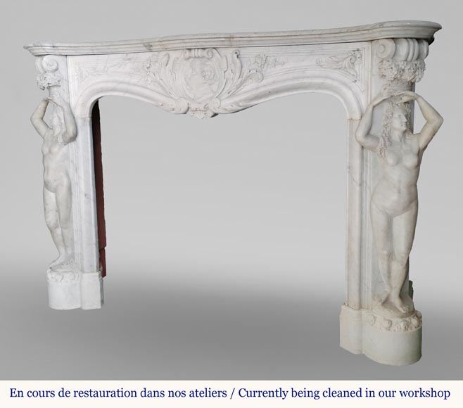 Rich and original Napoleon III fireplace in Carrara marble with caryatids and a man's profile Rich and original Napoleon III fireplace in Carrara marble with caryatids and a man's profile-10