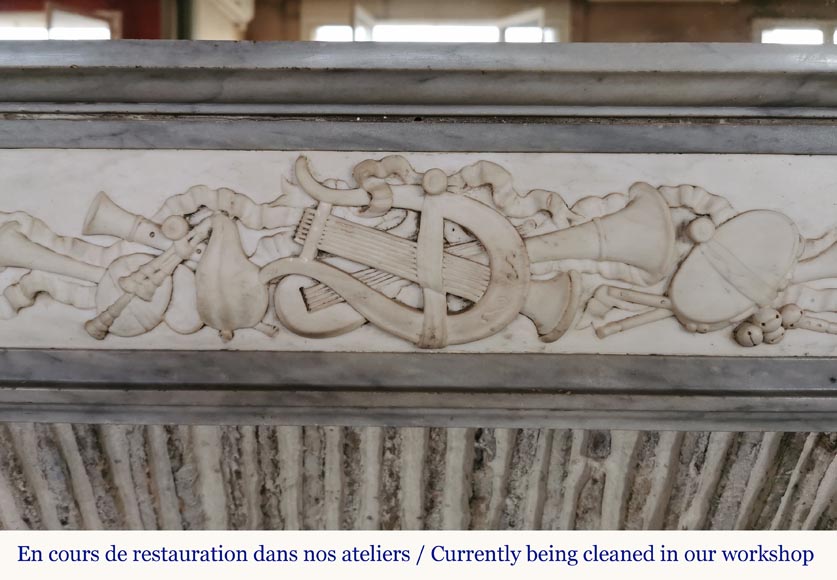 Louis XVI style mantel in statuary and Blue Turquin marbles with music instruments Louis XVI style mantel in statuary and Blue Turquin marbles with music instruments-1