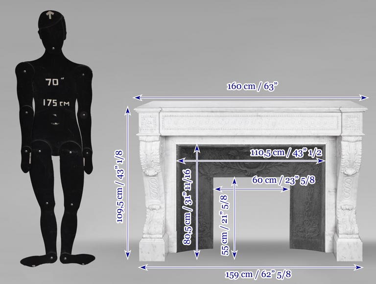 Napoleon III style scroll fireplace, richly sculpted, in Carrara marble Napoleon III style scroll fireplace, richly sculpted, in Carrara marble-13