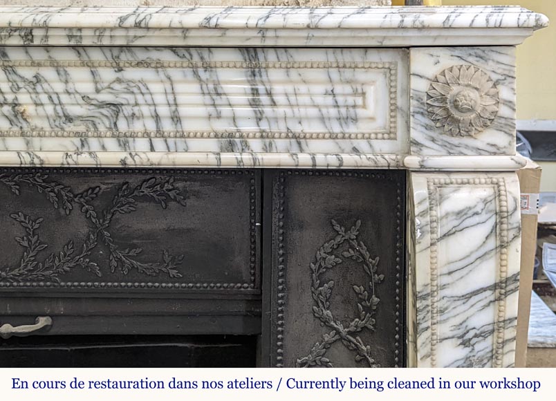 Louis XVI style fireplace with peals edges in veined Carrara marble Louis XVI style fireplace with peals edges in veined Carrara marble-7