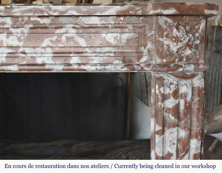 Slightly curved Louis XVI style fireplace, in Northern Red marble-8