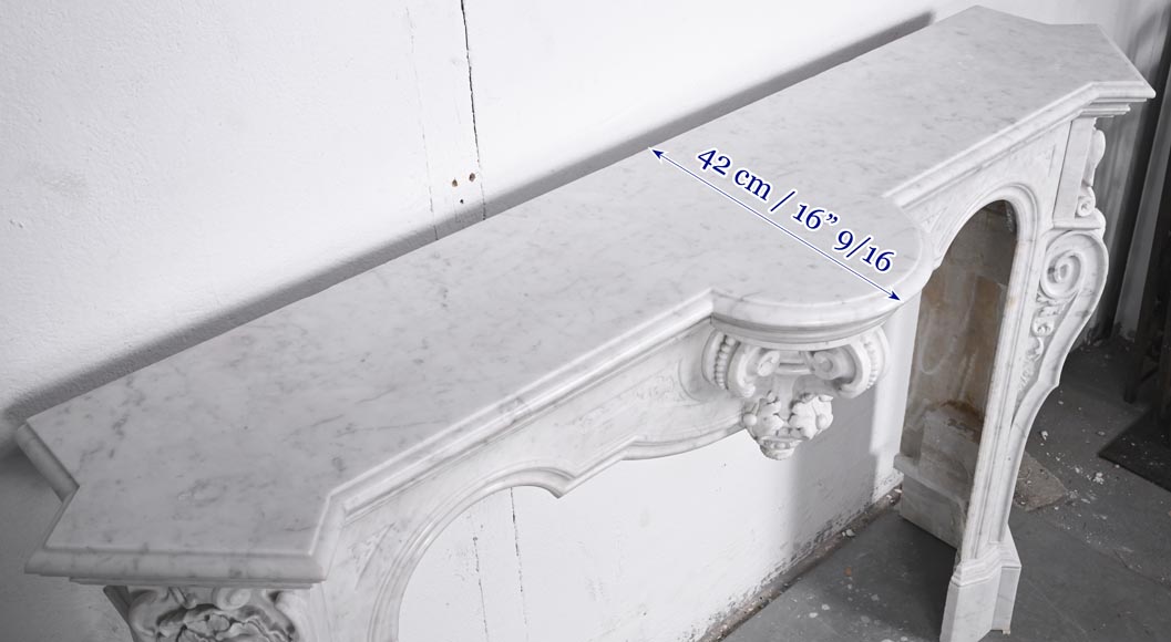 A richly sculpted Carrara marble fireplace in the Napoleon III style, decorated with a lion's head. A richly sculpted Carrara marble fireplace in the Napoleon III style, decorated with a lion's head.-13