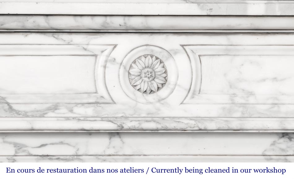 Louis XVI style fireplace decorated with a sunflower, in Arabescato marble-1