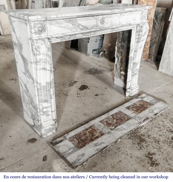 Louis XVI style fireplace decorated with a sunflower, in Arabescato marble-2